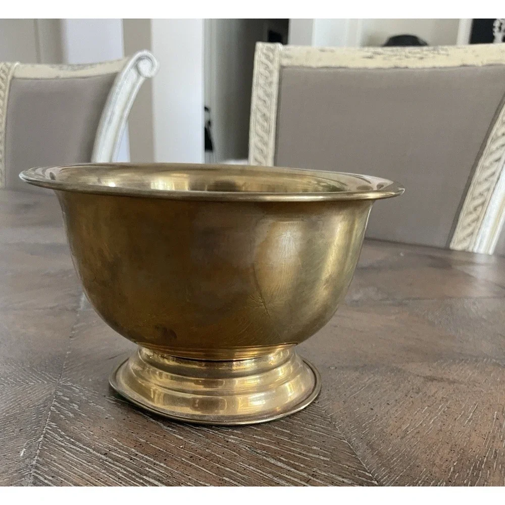 Vintage Solid Brass Pedestal Bowl  Mid-Century Modern Footed Dish India
